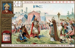 Grote veroveraars: portret van Karel de Grote (742 of 747-814) en zijn ontmoeting met paus Leo III (750-816) in het kamp van Paderborn (Duitsland), in 799 - Liebig chromolithografie