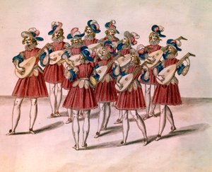 Groep muzikanten die luit spelen. Aquarel en pen door Daniel Rabel (1578-1637) uit het Album Chateau de Bicetre 17e eeuw Parijs, Louvre Museum door Unknown artist