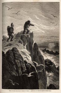 Hans, een jager die artsen Hayes en Kane had vergezeld op een eerdere Arctische expeditie, voordat hij hen verliet om zich in een Eskimau-dorp te vestigen, signaleert het schip van Hayes in de hoop gerepatrieerd te worden in 1860. Gravure ter illustratie v