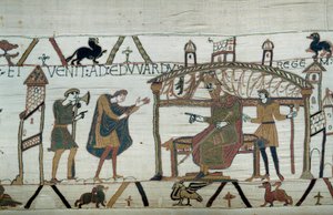 Harold, die terugkeerde naar Engeland na zijn ambassade bij hertog Willem de Veroveraar (1027-1087), vertelt zijn reis aan koning Edward de Belijder (detail van het Tapijt van Bayeux) door Unknown artist