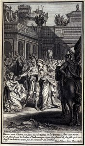 Hector, die naar Troje kwam terwijl de Grieken en de Trojanen in hun handen waren, werd getroffen door het verdriet van Andromache en door het huilen van zijn zoon, die hij teder kuste voordat hij terugkeerde naar de strijd. Illustratie van boek VI van de 