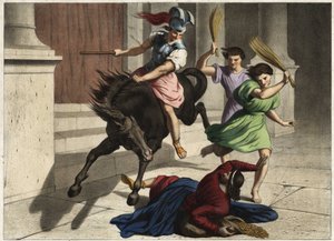Heliodore (Heliodoros) werd uit de tempel verdreven: op bevel van zijn heerser probeerde hij tevergeefs de schatten van de tempel van Jeruzalem in beslag te nemen. Anonieme gravure uit het midden van de 19e eeuw.