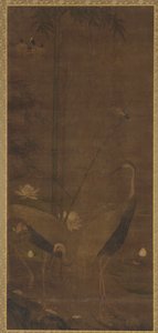 Reigers, lotus en bamboe door Unknown artist