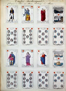 Historische speelkaarten die grote personages uit de geschiedenis, kunst, literatuur, religie voorstellen