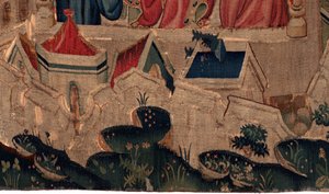 Geschiedenis van Sint Piat en Sint Eleuthère, Scene 9 Sint-Eleuthère wordt bevestigd als bisschop van Doornik. Detail midden onder. De stadsmuren, huizen door Unknown artist