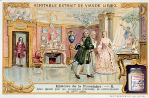 Geschiedenis van porselein: speciale salon voor kostbaar porselein, begin 18e eeuw - Liebig chromolithografie door Unknown artist