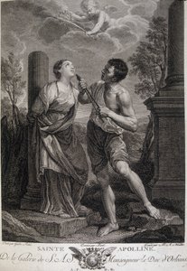 Heilige Appoline tijdens de vervolgingen krijgt haar tanden gebroken omdat ze weigerde eer te bewijzen aan de Romeinse goden. Gravure uit de 17e eeuw. door Unknown artist