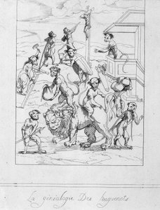 Hugenotengeslacht: karikatuur van protestanten als apen - gravure door Unknown artist