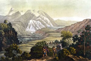 Humboldt en Bonpland steken de berg Quindiu over op draagstoelen. Uit de reis naar de Andes door Alexander Von Humboldt