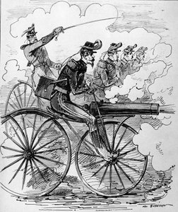 Humoristische gravure: Velocipedomania toegepast op machinegeweren - 19e eeuw door Unknown artist