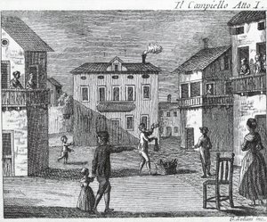 Il Campiello Act I - Carlo Goldoni (1707-1793) - Gravure uit de 18e eeuw door Unknown artist