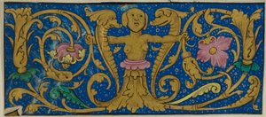 Verluchte rand met grotesken en bloemen uit een manuscript