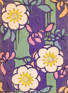 Illustratie van bloemen op een lavendel en groene achtergrond door Unknown artist