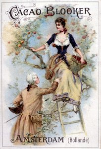 Reclameillustratie voor Blooker cacao die een jongeman in de mode van de 18e eeuw toont die een jonge vrouw helpt van een ladder te komen.