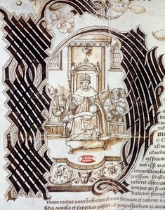 In 1522 ondertekende Karel V met koning Hendrik VIII van Engeland (1491-1547) het Verdrag van Windsor, waarin een invasie van Frankrijk werd voorspeld. Miniatuur uit een manuscript met Hendrik VIII. 1532 Parijs, Nationale Archieven door Unknown artist
