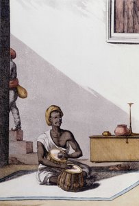 Indiase cultuur en beschaving: muzikant die tablas speelt, traditioneel muziekinstrument, India. Gravure 1808 door Unknown artist