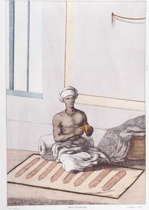 Indiase cultuur, beschaving en samenleving: muzikant met traditionele Indiase percussie. Gravure uit 1808 door Unknown artist