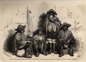 Indianen van Cuzco (Peru), gekleed in de manta, sandalen en traditionele sombrero, werkzaam als arbeiders voor de exploitatie van guano-afzettingen op de Chincha-eilanden, drinkend shisha, maar gefermenteerde brandewijn. Gravure ter illustratie van Les ile door Unknown artist