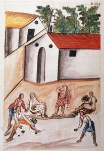 Indianen spelen het spel van de choloques, uit het boek "Trujillo del Peru" of "Códice Martínez Compañón", door Baltazar Martinez Compañón y Bujanda, bisschop van Trujillo (1782-1785)