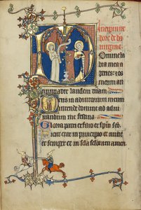 Beginletter D: De Aankondiging; initiaal D: Een jonge man bidt tot Christus in de wolken door Unknown artist