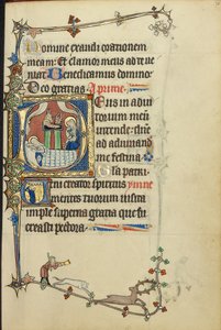 Beginletter D: De Geboorte; initiaal V: Een biddende monnik door Unknown artist