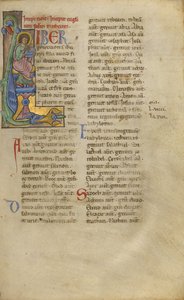 initiaal L: Sint Mattheus zittend