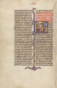 Initial R: Twee mannen bij de verkoop van een paard en vier mannen voor een rechter door Unknown artist