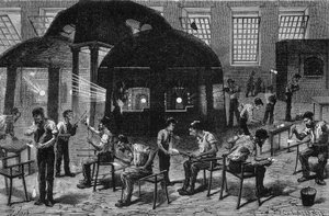 Interieur van een glasblazerij, gravure 19e eeuw door Unknown artist