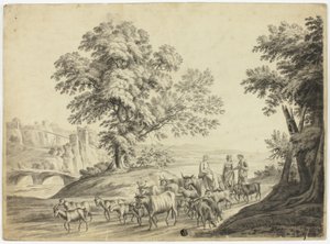 Italianiserend landschap met man en twee vrouwen die vee, geiten en schapen drijven door Unknown artist