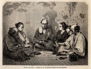 Japanse spelers midden in een kaartspel. Gravure ter illustratie van Japan, reisverhaal door Aime Humbert, minister van de Zwitserse Confederatie, in 1863-1864, gepubliceerd in 