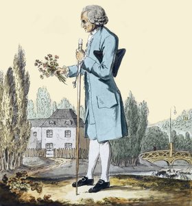 Jean-Jacques Rousseau (1712-78) verzamelt kruiden in Ermenonville, juni 1778 - Weergave van de filosoof Jean Jacques Rousseau (1712-1778) die bloemen plukt in Ermenonville