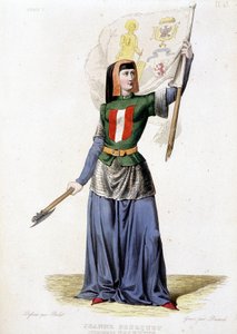 Jeanne Laisné, bekend als Jeanne Fourquet, bijgenaamd Jeanne Hachette Franse heldin (1456 tot?). gravure uit 1835 door Unknown artist