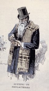 Joodse religie: een oude Joodse man die de gebedslime draagt (Talit of Tzitzit), gravure uit 1890 door Unknown artist