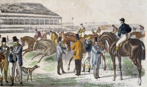 Jockeys en hun paarden voor de race - gravure, ca. 1850 door Unknown artist