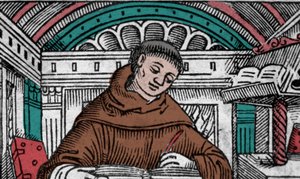 John Duns Scotus (1265? -1308), ook wel Jean Duns Scott of Jean Duns Scot genoemd, Franciscaanse filosoof. Gravure uit de 16e eeuw door Unknown artist