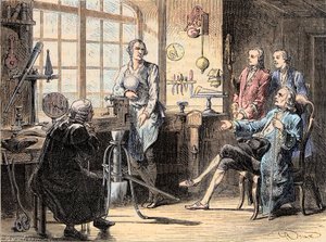 Joseph Black bezoekt James Watt in zijn werkplaats in Glasgow door Unknown artist