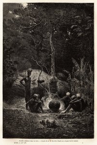 Kanaks koken in het bos, in het gebied van Pamale. Gravure ter illustratie van de reis naar Nieuw-Caledonië, door Jules Garnier, civiel ingenieur van mijnen, in 1863-1866, gepubliceerd in 