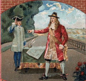 Koning Jacobus II van Engeland (James II Stuart) (1633-1701) tijdens zijn verblijf in het kasteel van Saint-Germain-en-Laye. Chromolithografie uit de late 19e eeuw door Unknown artist