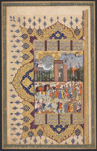 Koning Luhrasp Beklimt de Troon: een Processie Arriveert aan het Hof, recto van het linker folio van een dubbelbladige compositie uit een Shahnama (Boek der Koningen) van Firdausi (940-1019 of 1025)