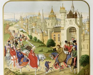 "Koning van Frankrijk Karel IV ontving het bezoek van zijn zus de koningin van Engeland Isabella van Frankrijk (1292-1358), vrouw van Edward II, die kwam schuilen" Volgens de kronieken van Jean Froissart. 19e eeuw Barcelona. Sant Jordi Catalaans Koninklijk