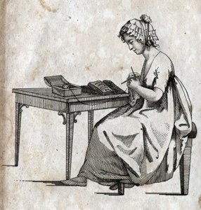 Breimachine: vrouw bezig met het breien van wol. Gravure eind 18e eeuw. Privécollectie.