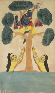 Krishna steelt de kleren van de koeherderinnen (Gopis) (recto) door Unknown artist