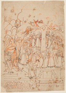 Krishna kijkt naar de melkmeisjes die een heilige boom omcirkelen: de maand Jyestha (mei-juni), uit een Baramasa (De twaalf maanden) door Unknown artist