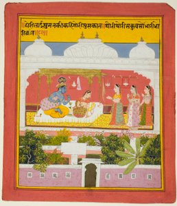 Krishna en Radha in een Paviljoen, uit een kopie van de Zevenhonderd Verzen (Sat Sai) van Bihari
