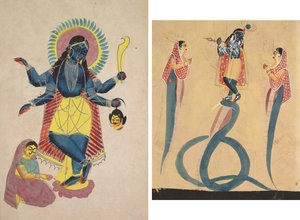 Krishna als Kali aanbeden door Radha (recto); Krishna bedwingt de slang Kaliya (verso) door Unknown artist