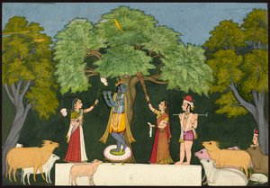 Krishna vermaakt zijn metgezellen door Unknown artist
