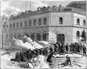 La Commune de Paris in 1871. Verdediging van het Elysee-paleis door de Federes (Communards).