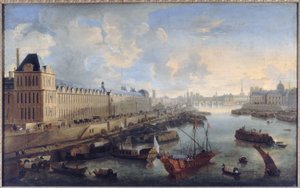 De Grote Galerie van het Louvre, de Pont-Neuf, de Citadel, het college van de Quatre-Nations, circa 1670, op de Seine de koninklijke galei, huidige 1e en 6e arrondissementen, tussen 1670 en 1685 door Unknown artist