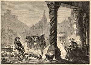 De grote straat op een marktdag in Dol de Bretagne - gravure in 