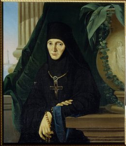 Moeder Overste Maria (Margarita Tuchkova). Abdis van het orthodoxe klooster van Spaso Borodinsky, in 1812, tijdens de invasie van het Grote Leger van Napoleon. Anoniem schilderij, olie op doek, circa 1812 door Unknown artist